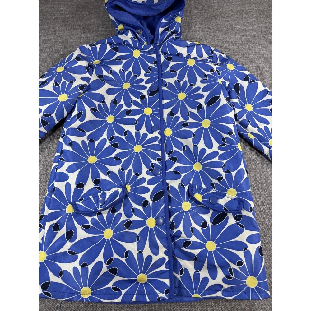 Gymboree Girls Blue Daisy Floral Fleece Lined Raincoat Size L10-12 Hooded Jacket